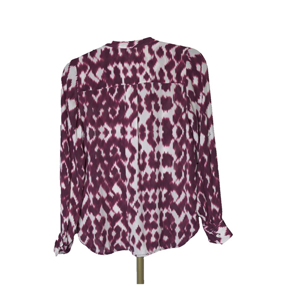Vince Silk Blouse Burgundy Cream Abstract Print Split Neck Long Sleeve Size 2 - Picture 2 of 12